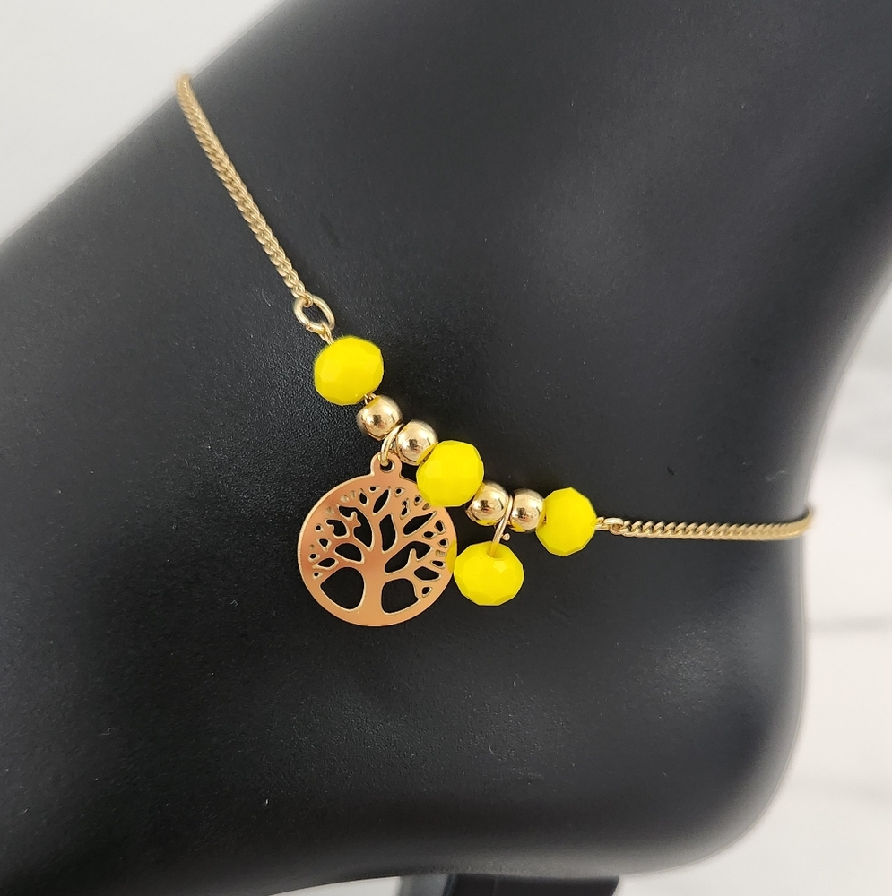Gold Tree of Life Anklet with Yellow Beads 18K Plated Beachy Adjustable Ankl - Picture 5 of 10